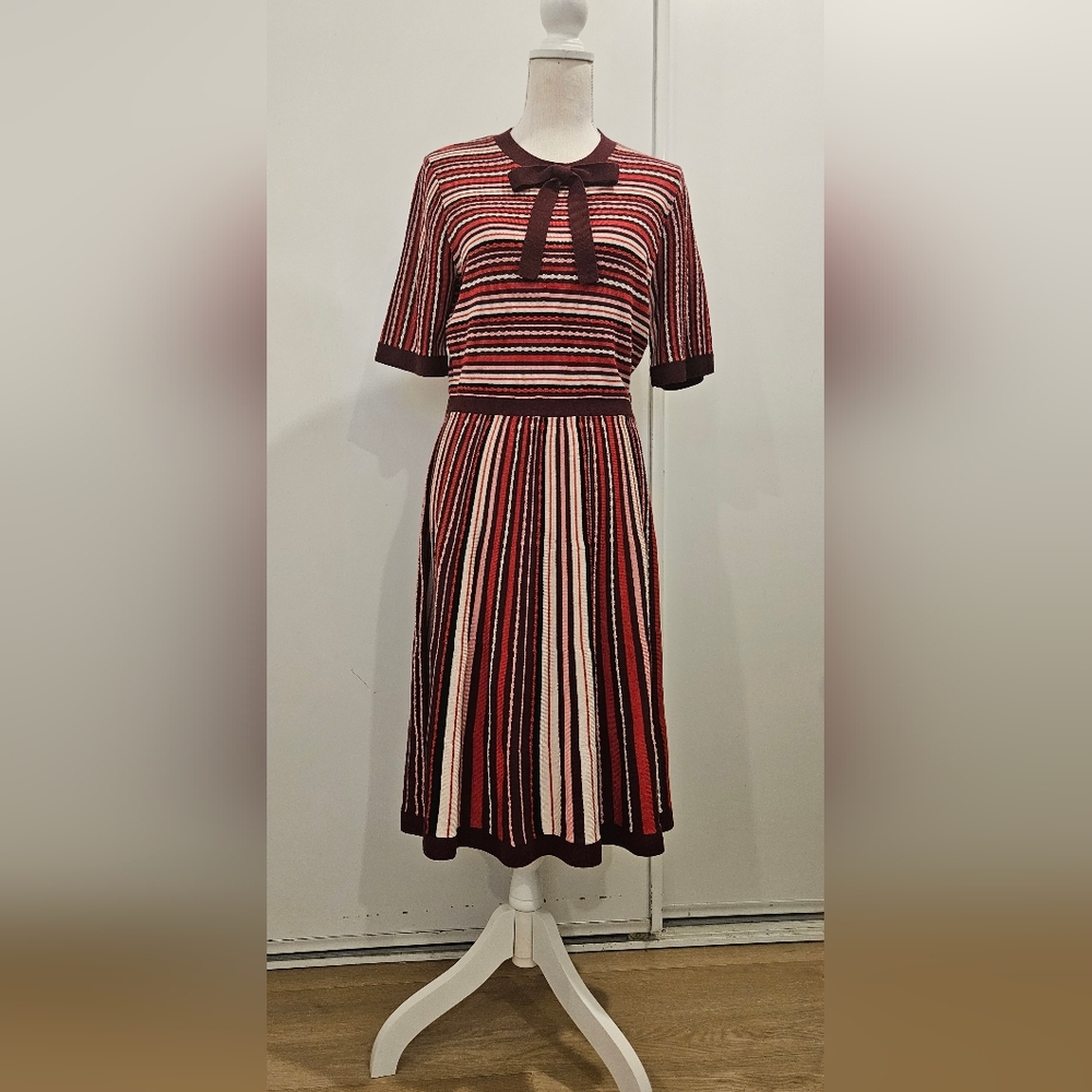 Kate Spade Striped Light Sweater Midi Dress With Bow - L